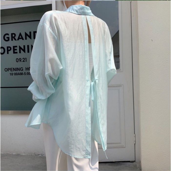 Casual Women's Lightweight Summer Blouse with Back Tie Detail, Sheer Sun Protection Shirt, Loose Bohemian Style