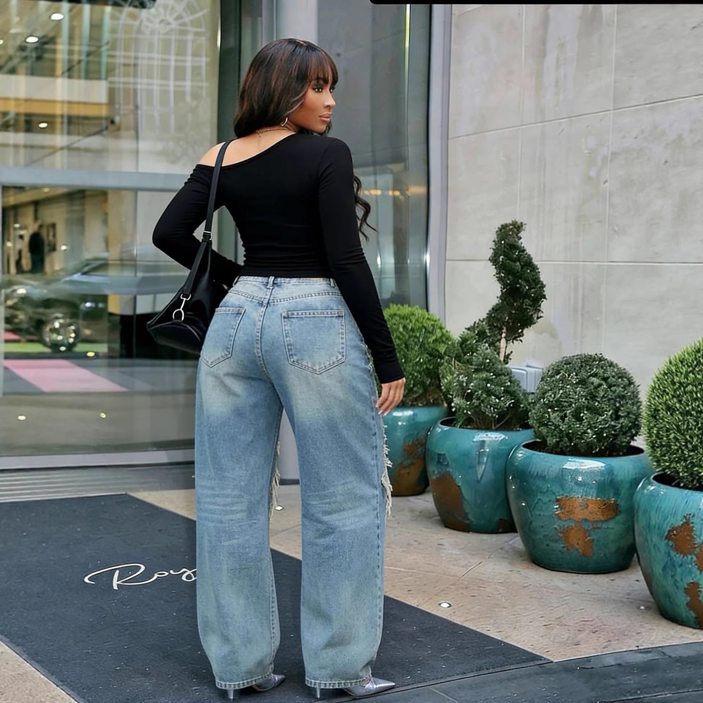 Layered Patchwork Ripped Washed Straight Leg Jeans