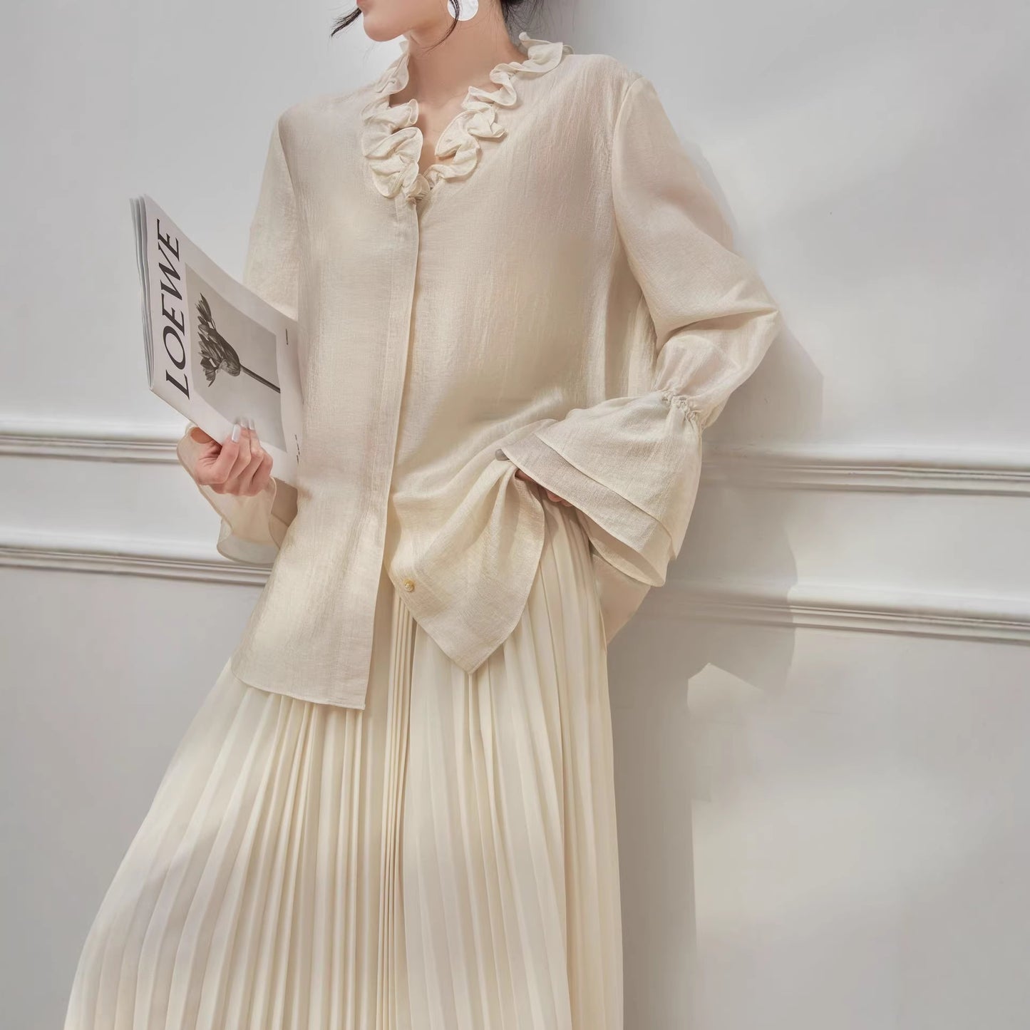 Shimmering Acetate Satin Ruffled Sweetheart Neckline Lightweight Sheer Blouse