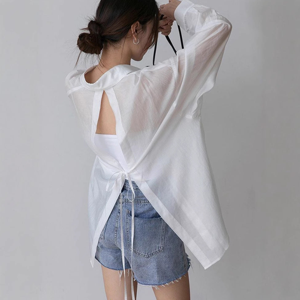 Casual Women's Lightweight Summer Blouse with Back Tie Detail, Sheer Sun Protection Shirt, Loose Bohemian Style