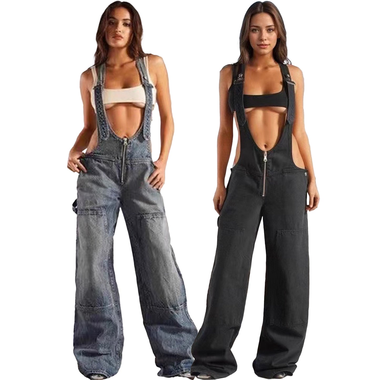 Street Style Low Waist Overalls Wide Leg Strap Pants Women's Fashion Casual Trendy Bodycon Pants