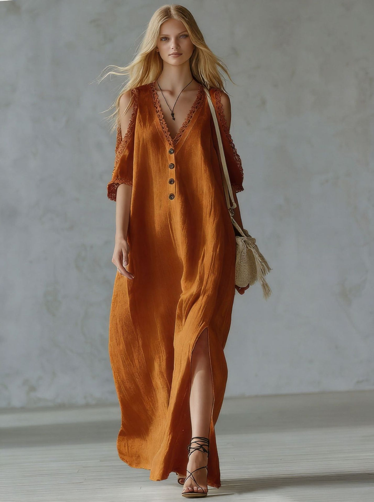 Style Lace Trim Loose Off-Shoulder Casual Women's Dress Long Dress