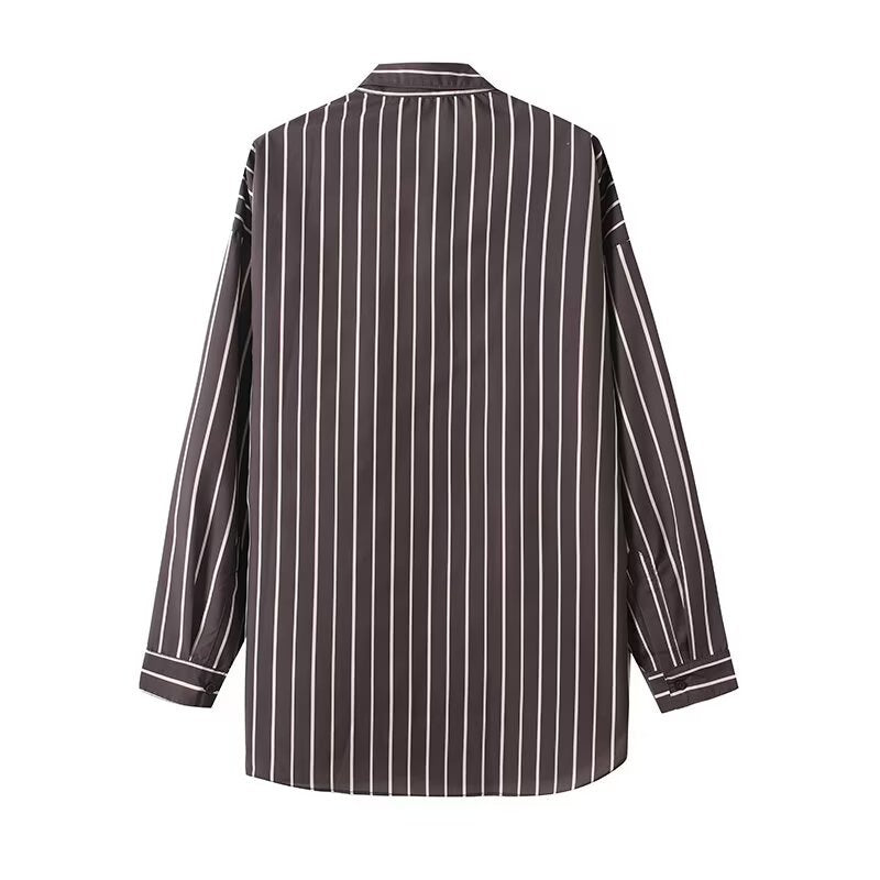 Flip collar single breasted striped loose and versatile shirt for women