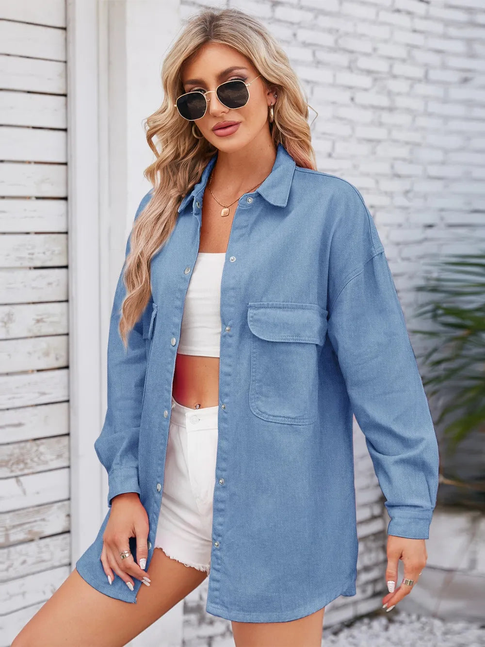 Washed loose long sleeved denim shirt top