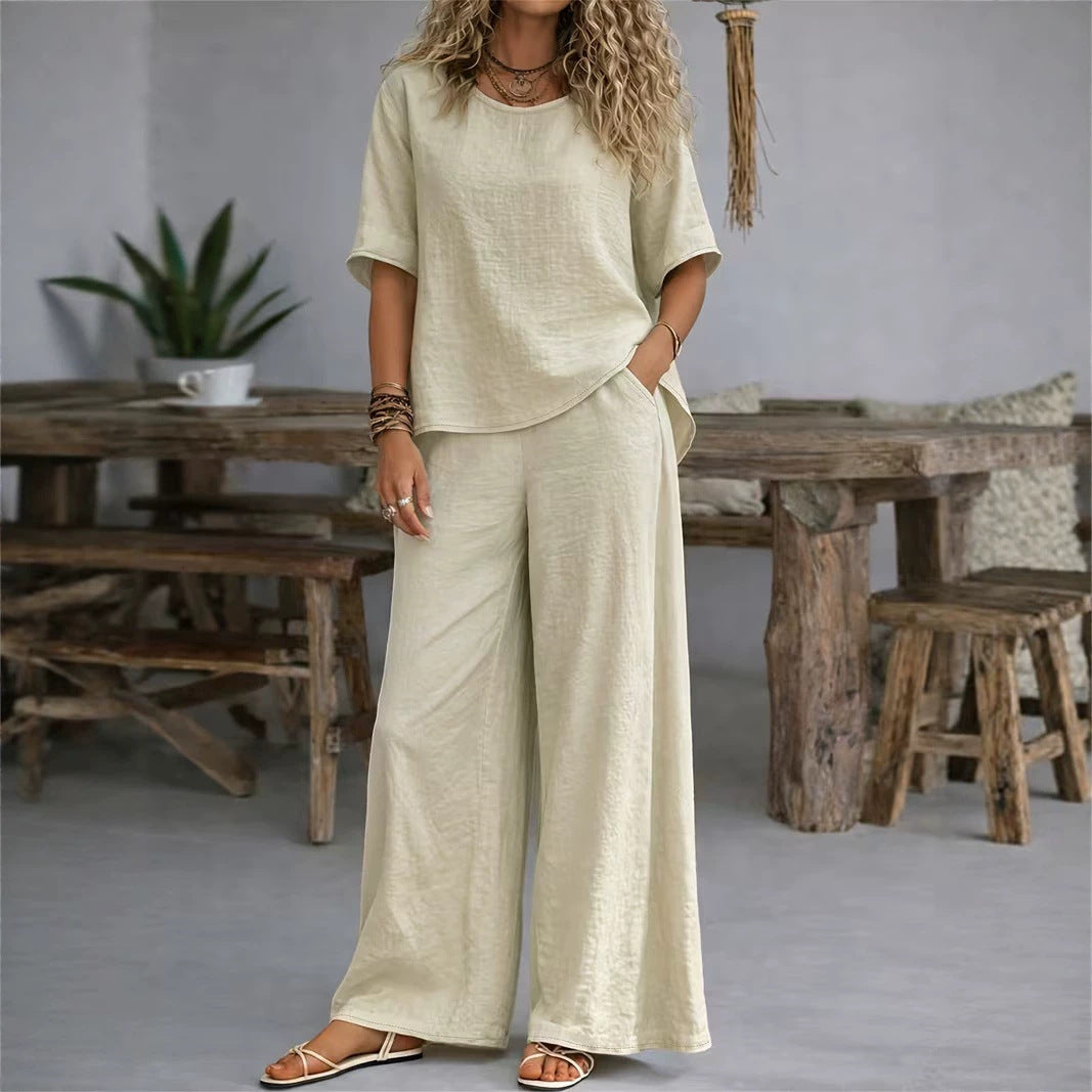 Casual Loose Rich Style Wide-Leg Pants Linen-Cotton Two-Piece Set for Women