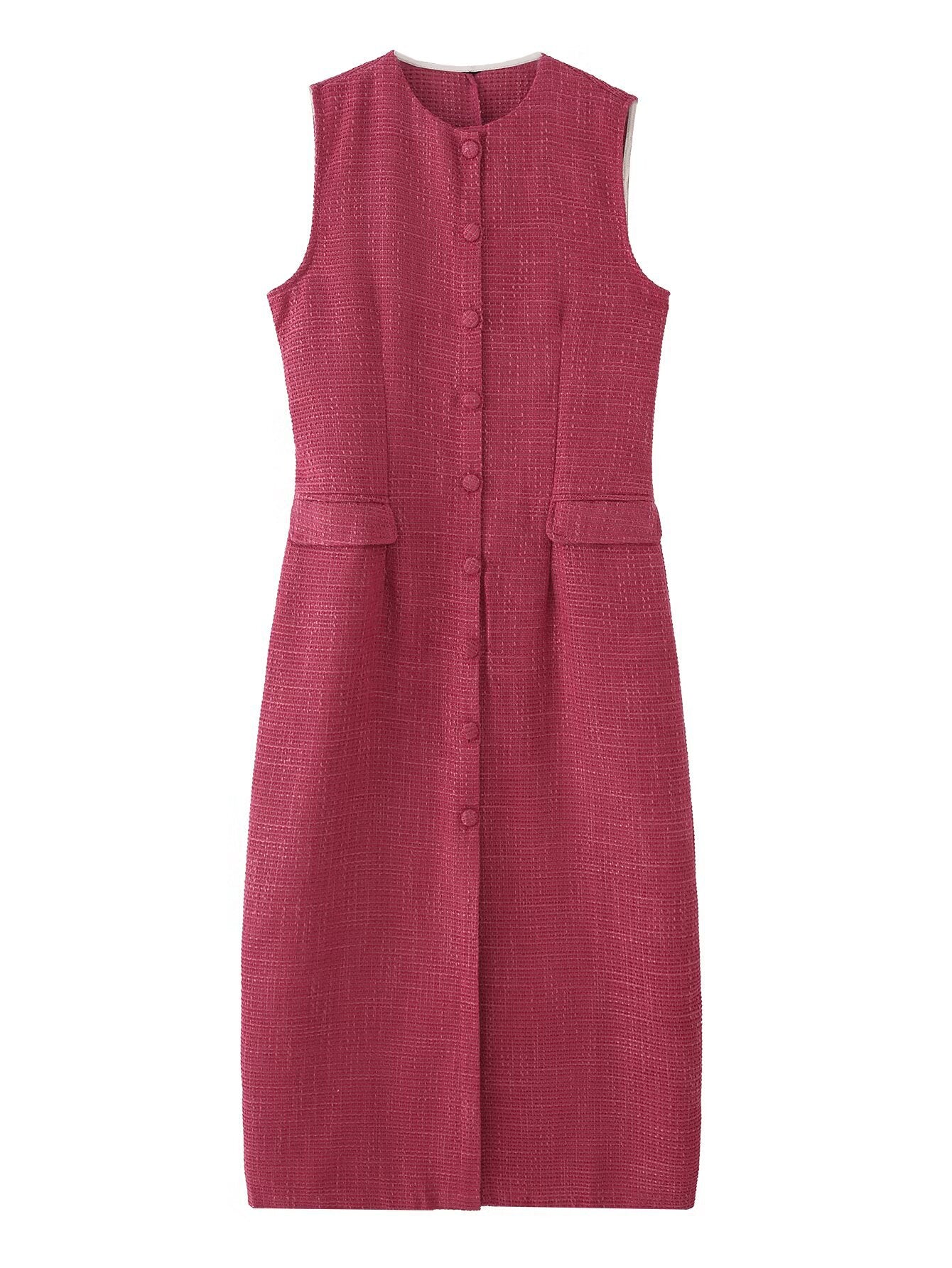 Woolen patchwork waist cinching slim fitting breasted decorative dress