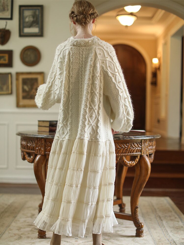 Wool Handmade Beaded Sparkling Elegant Big Skirt False Two-Piece Loose Sweater Dress