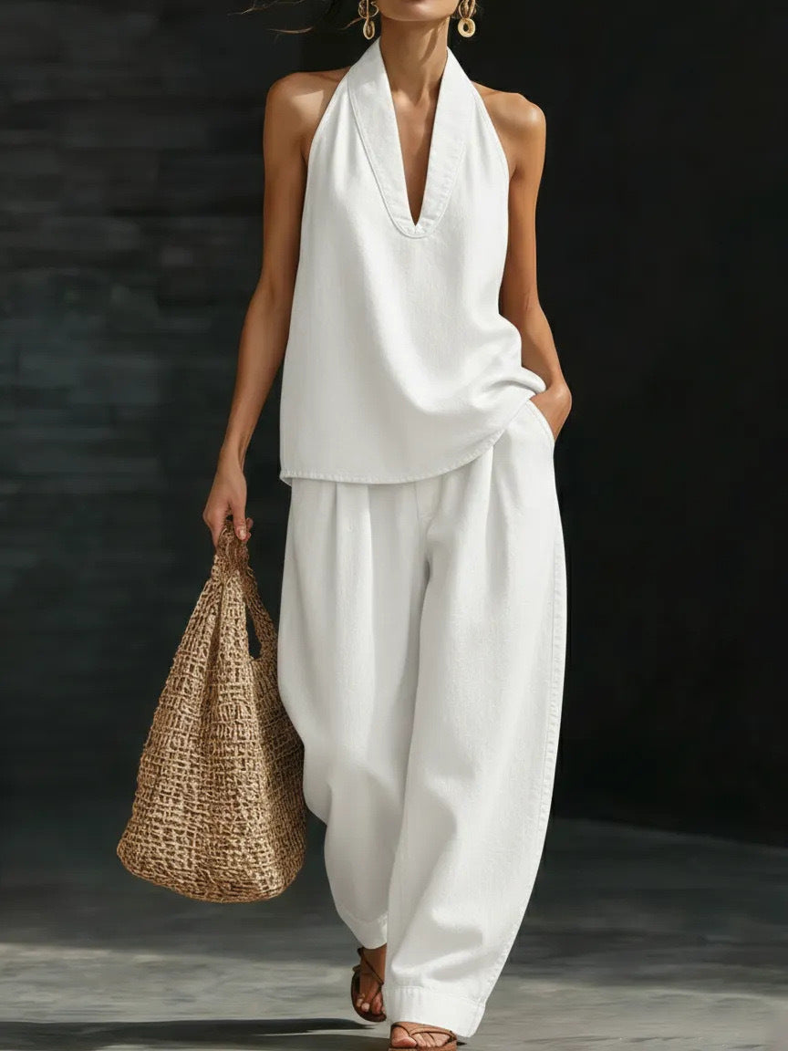 Neck top wide leg pants set