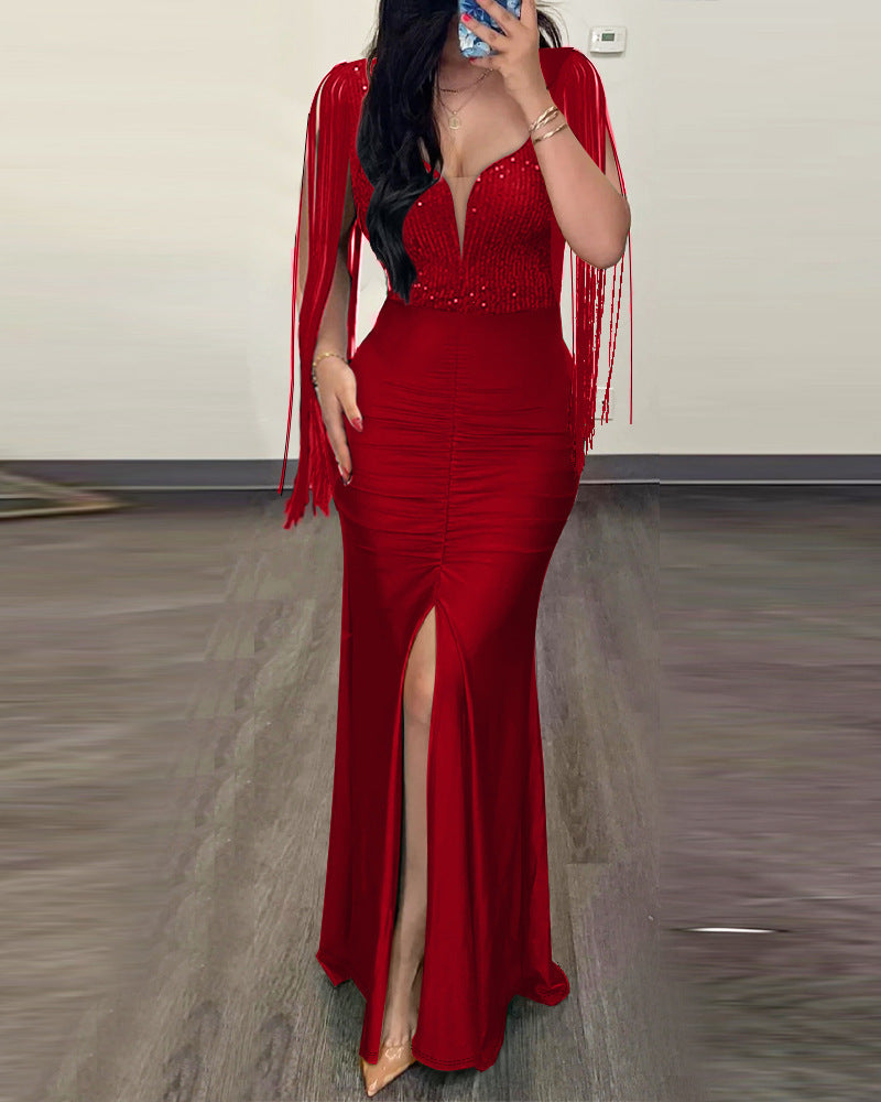 Beaded Bodycon Sexy Dress Round Neck Slit Fringe Sleeve Pleated Evening Gown