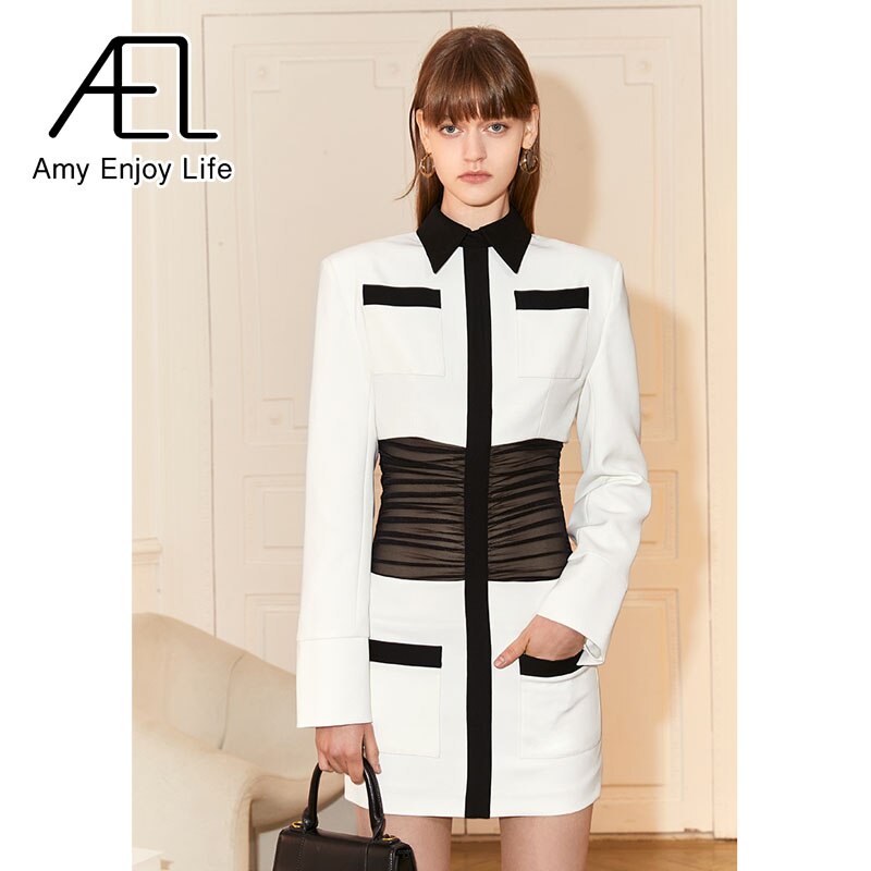 Black And White Collision Color Slim Modern Retro Sexy Black Mesh Waist Dress