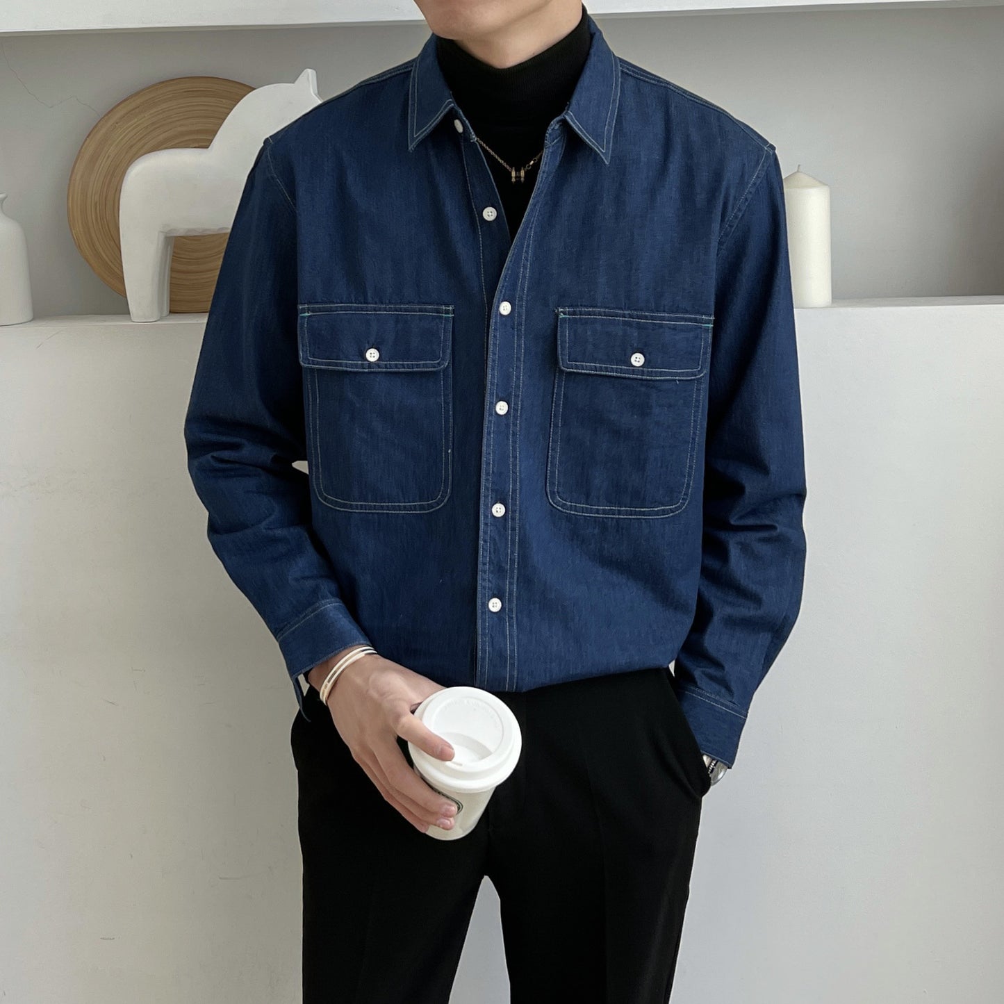 Retro denim shirt men's spring long sleeved shirt