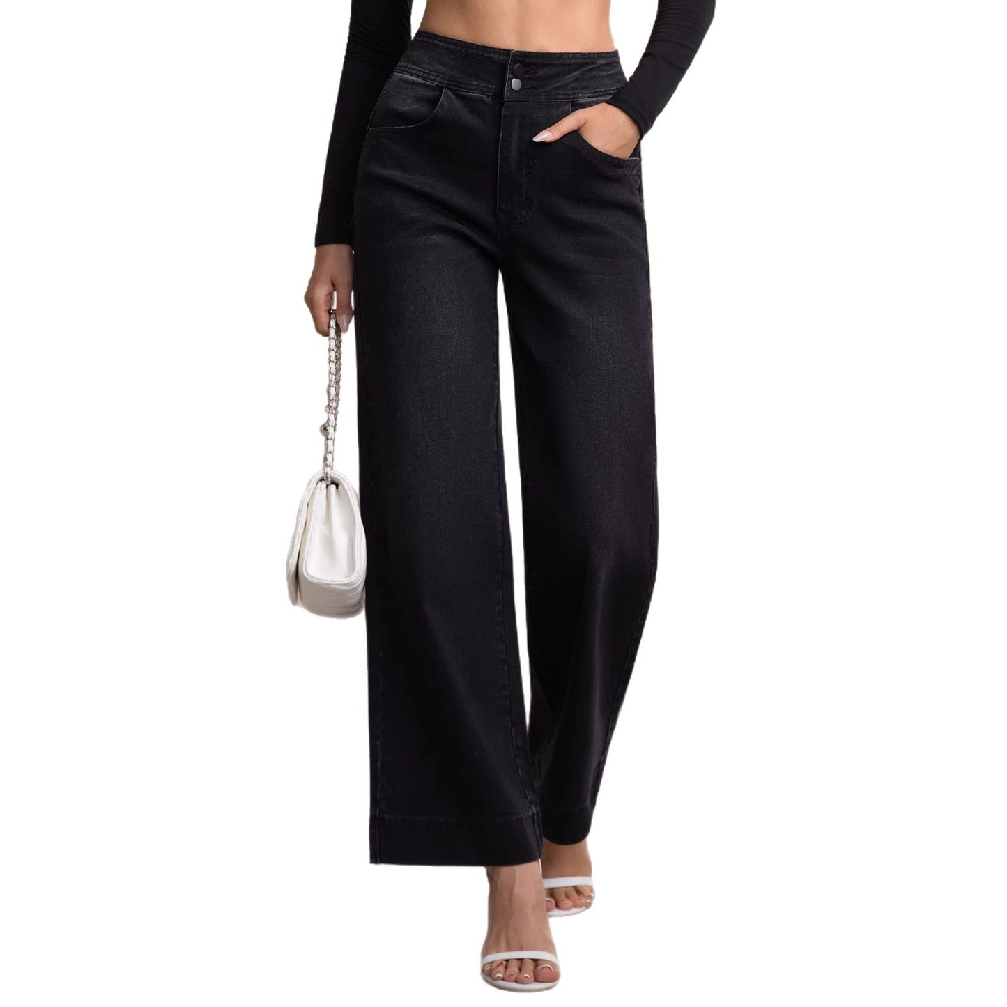 High-Waisted Pure Color Simple Fashion Fitted Straight Leg Denim Pants for Women