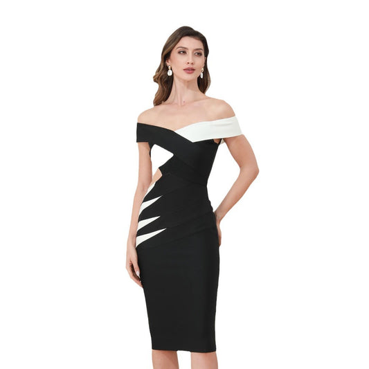 Black White Patchwork Off Shoulder Women Bandage Dresses Summer Sexy Sleeveless Bodycon Celebrity Club Party Mini Dress