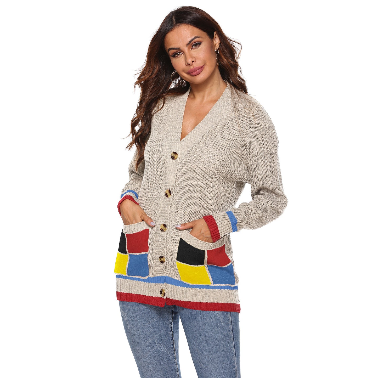 Women's Thick Woven Cardigan Coat with Color-blocked Large Pockets, V-neck Casual Sweater