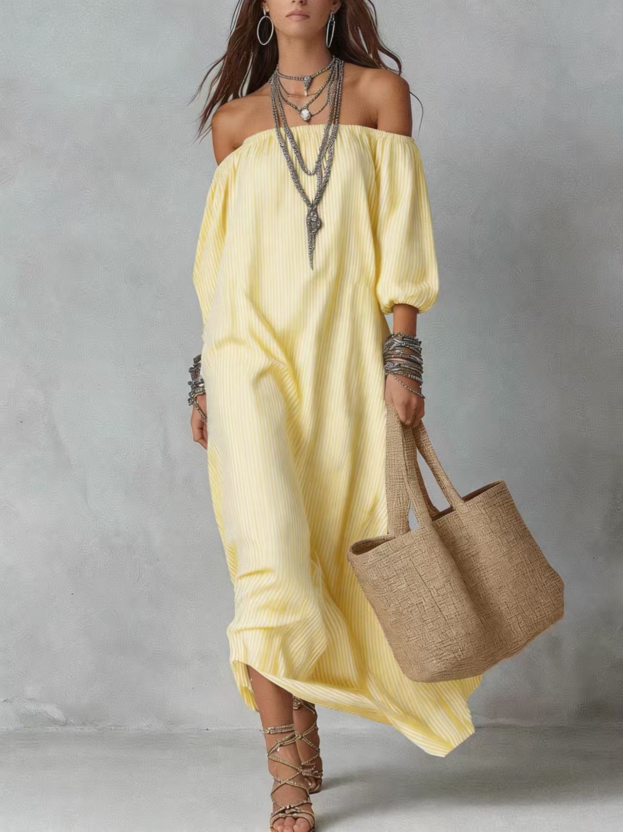 Elegant Striped Off-Shoulder Loose Vacation Fashion Dress for Women