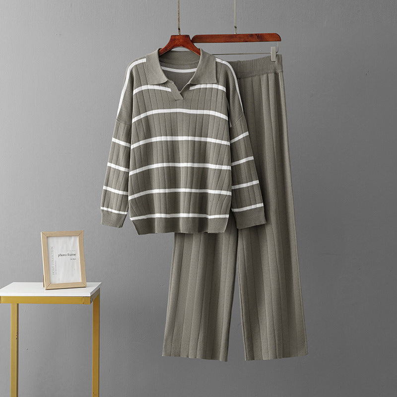 Striped V-neck high waisted wide leg pants two-piece set