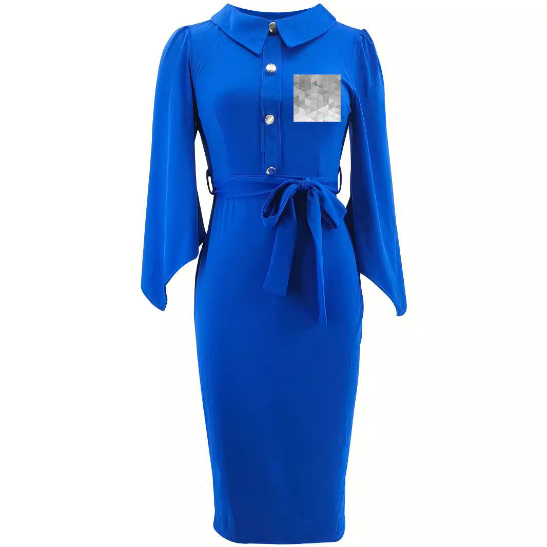 Women's Flared Sleeve Peter Pan Collar Fitted Plus Size  Dress
