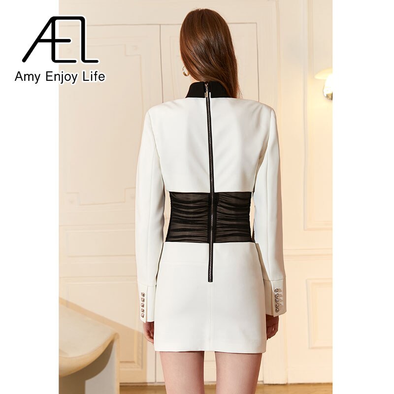 Black And White Collision Color Slim Modern Retro Sexy Black Mesh Waist Dress