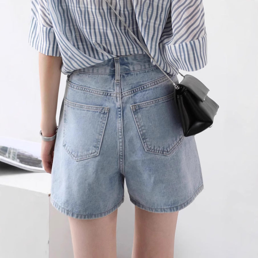 Style Denim Shorts Women's Literary Fresh High Waist Loose Slimming A-line Wide Leg Pants