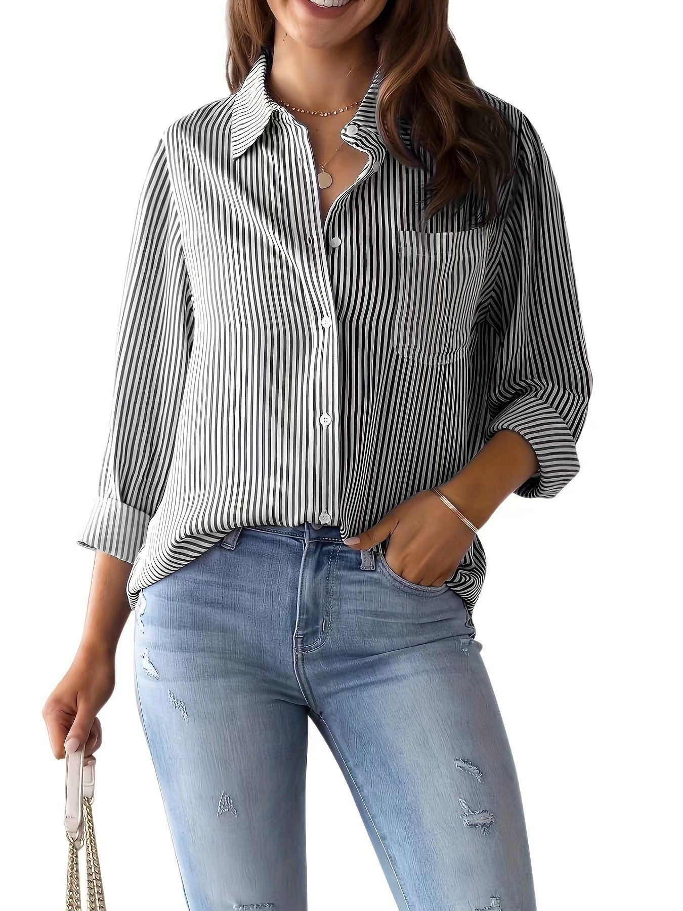 Women's Striped Cardigan Top Loose and Casual Long-sleeved Shirt