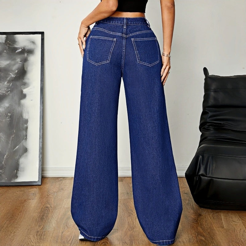 High Waist Non-Stretch Dark Wash Loose Wide Leg Denim Pants