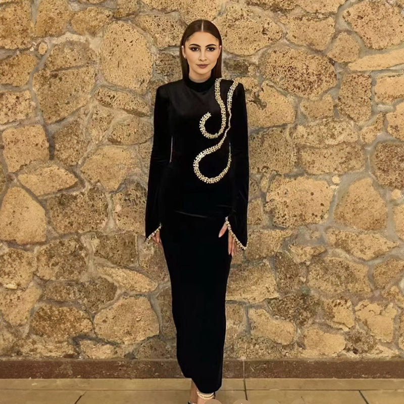 Black Color Women Long Sleeve Shinning Crystal Bodycon Bandage Long Dress Fashion Celebrate Evening Party Cocktail Dress
