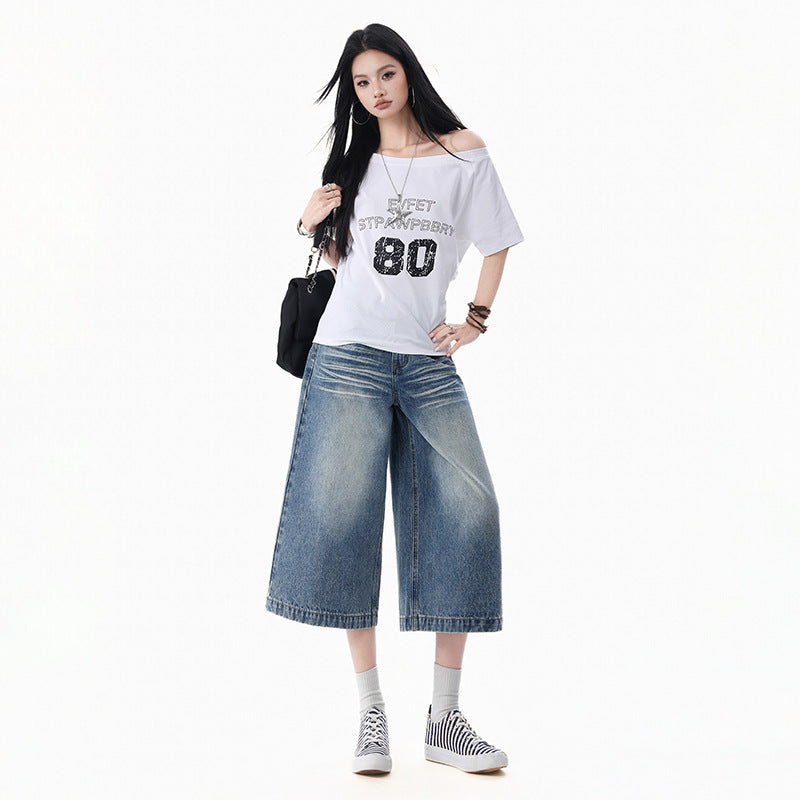 Wide-Leg Seven-Eighth Denim Pants Women