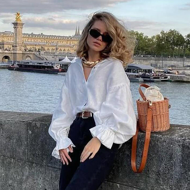 Loose collar long sleeved shirt for women