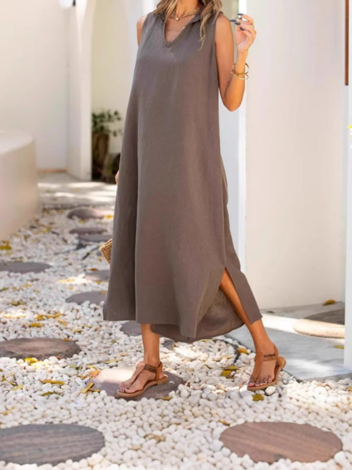 Solid Color Sleeveless V-Neck Loose Fit Dress