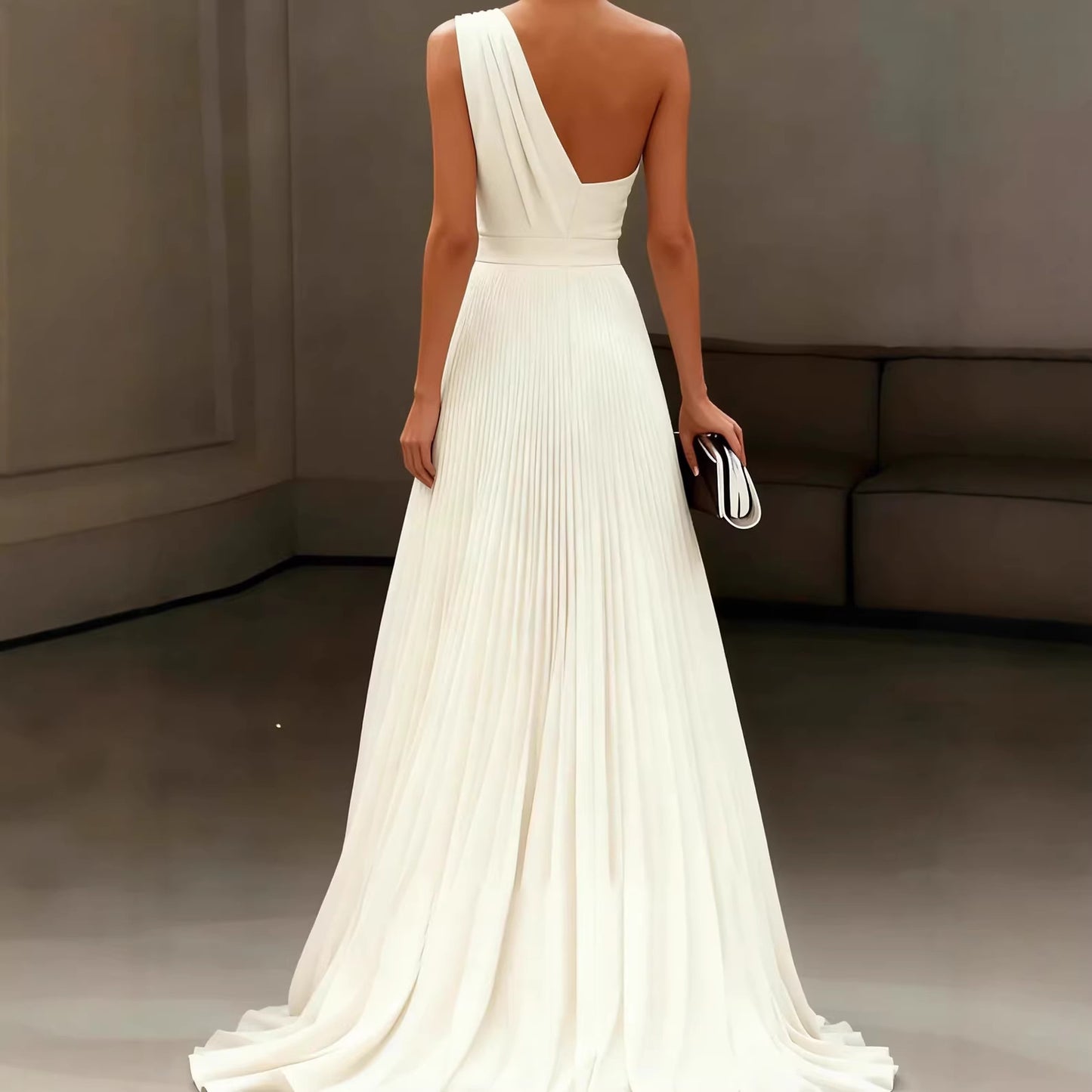Elegant White One-Shoulder Long Dress with PleatsSummer Wedding Gown, Formal Occasion Dress