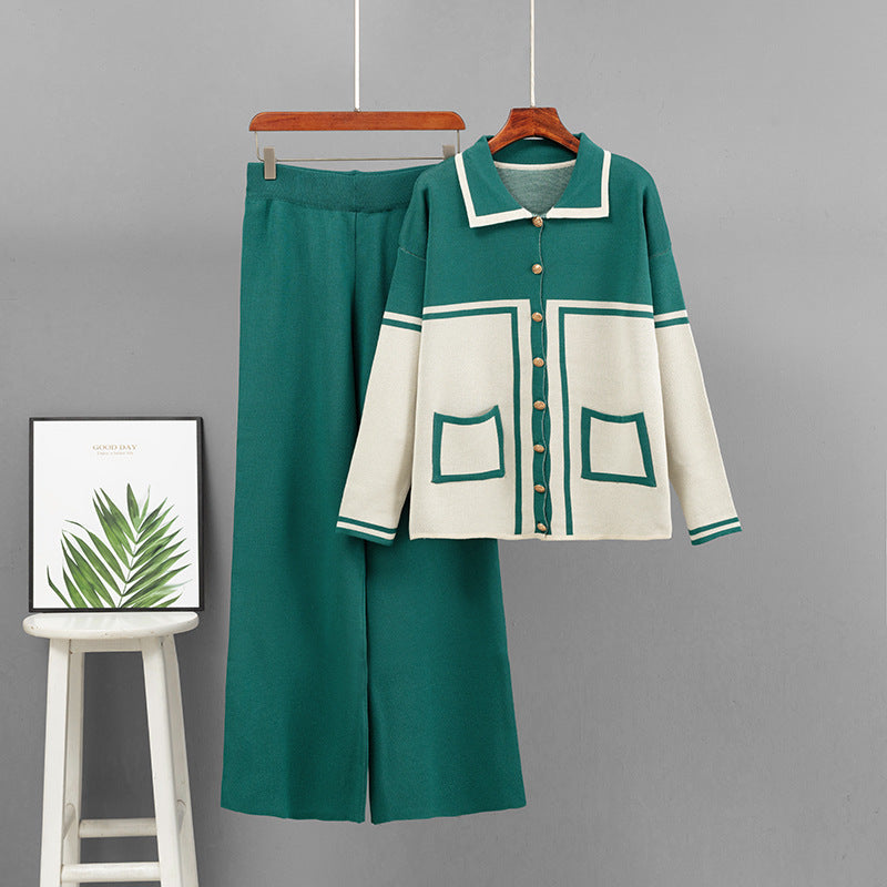 Flip collar loose cardigan two-piece set