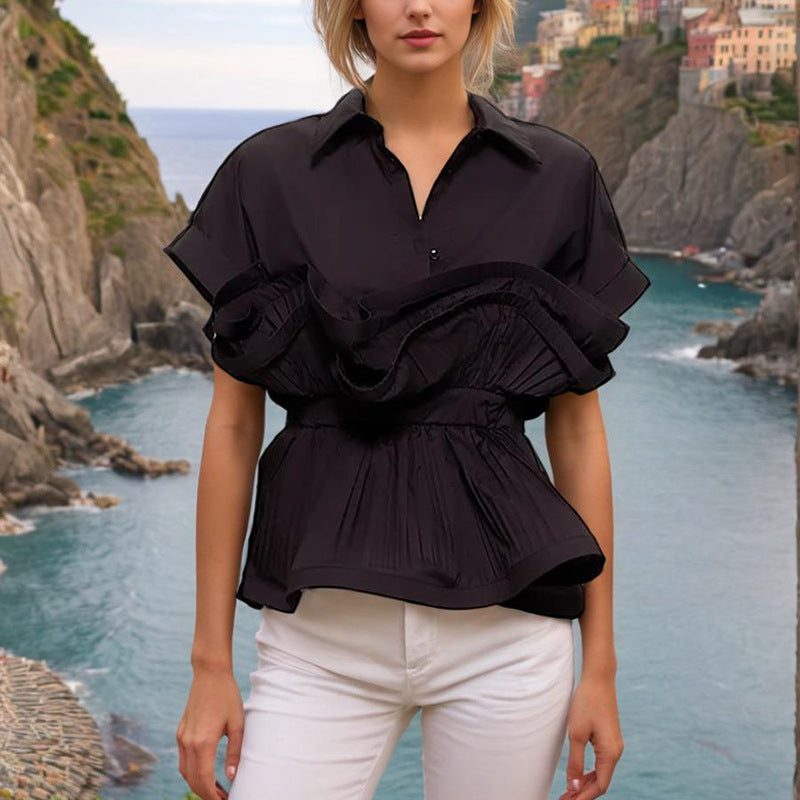 Patchwork Open Front Short Sleeve Ruffle Fitted Slimming Blouse for Women