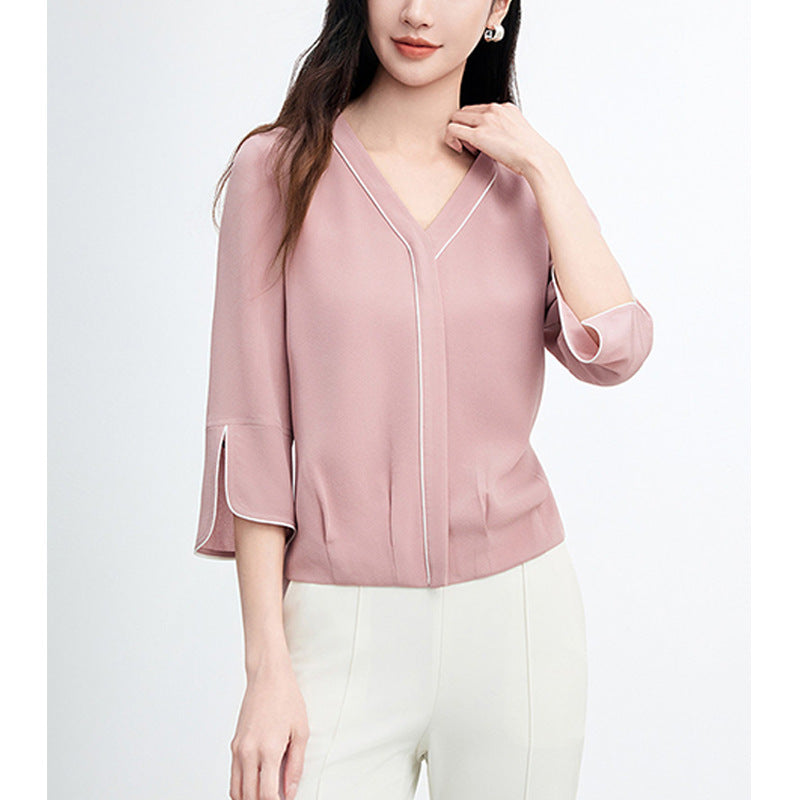 Elegant and Refined Formal Shirt with Color-Blocking Design, Long Sleeve Blouse