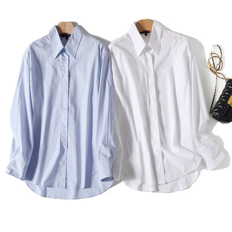 Collar long sleeved single breasted loose and versatile long cut shirt for women