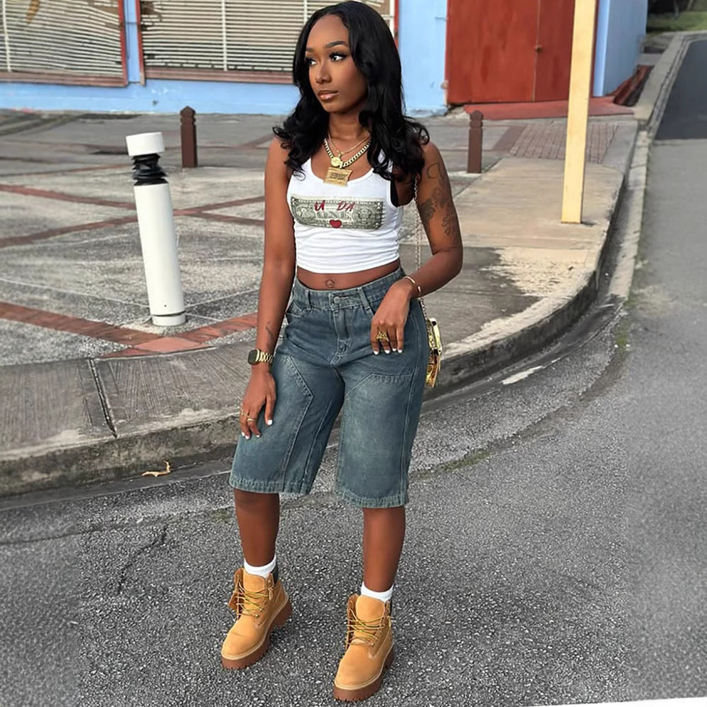 Fashion Women's Casual Denim Pants Summer Vintage Loose Washed Straight Leg Denim Shorts