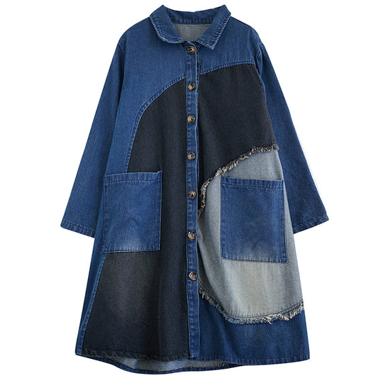 Blue Irregular Denim Big Size Trench Women New Lapel Long Sleeve Windbreaker Fashion Tide Spring Autumn