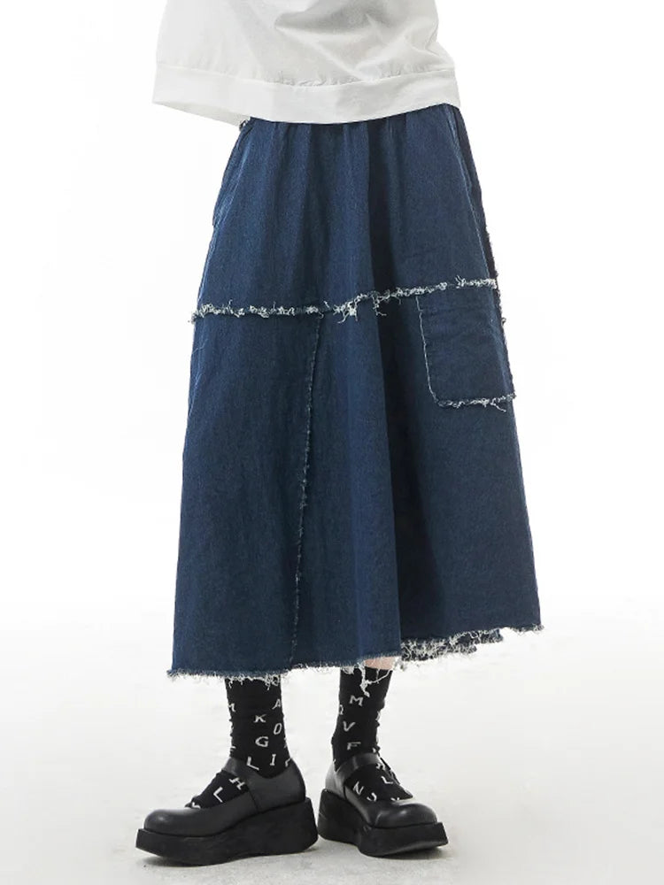 High Elastic Waist Blue Denim Burr Long Casual Vintage Half-body Skirt Women Fashion Tide New Spring Autumn