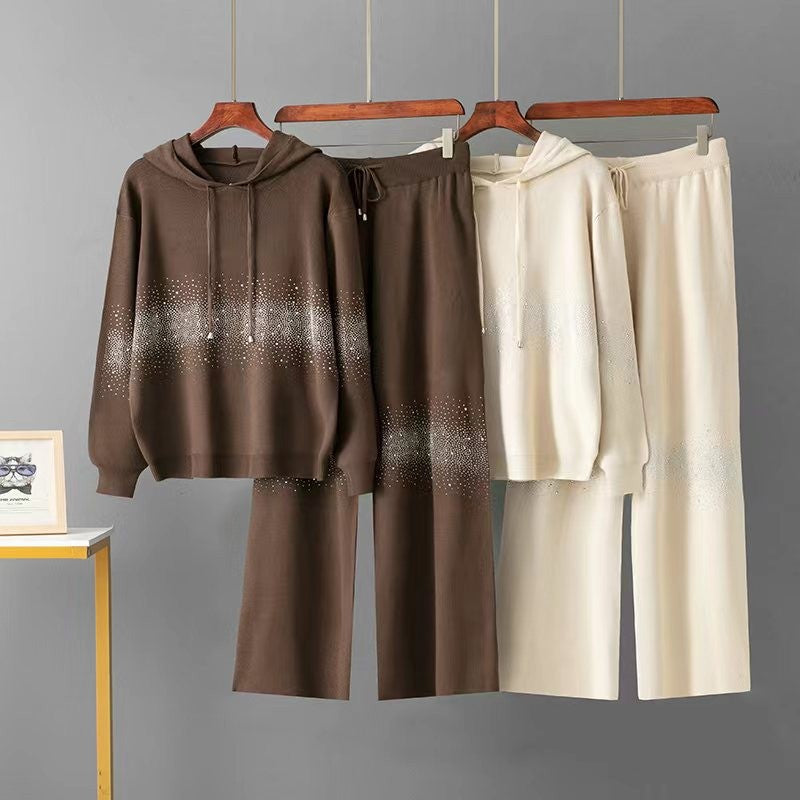 Loose hooded sweatshirt wide leg pants two-piece set