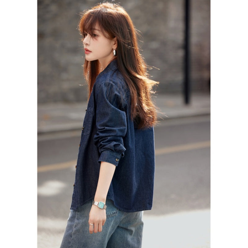 Vintage Washed Denim Shirt Jacket, Lightweight Outerwear, Feminine Style Women's Top