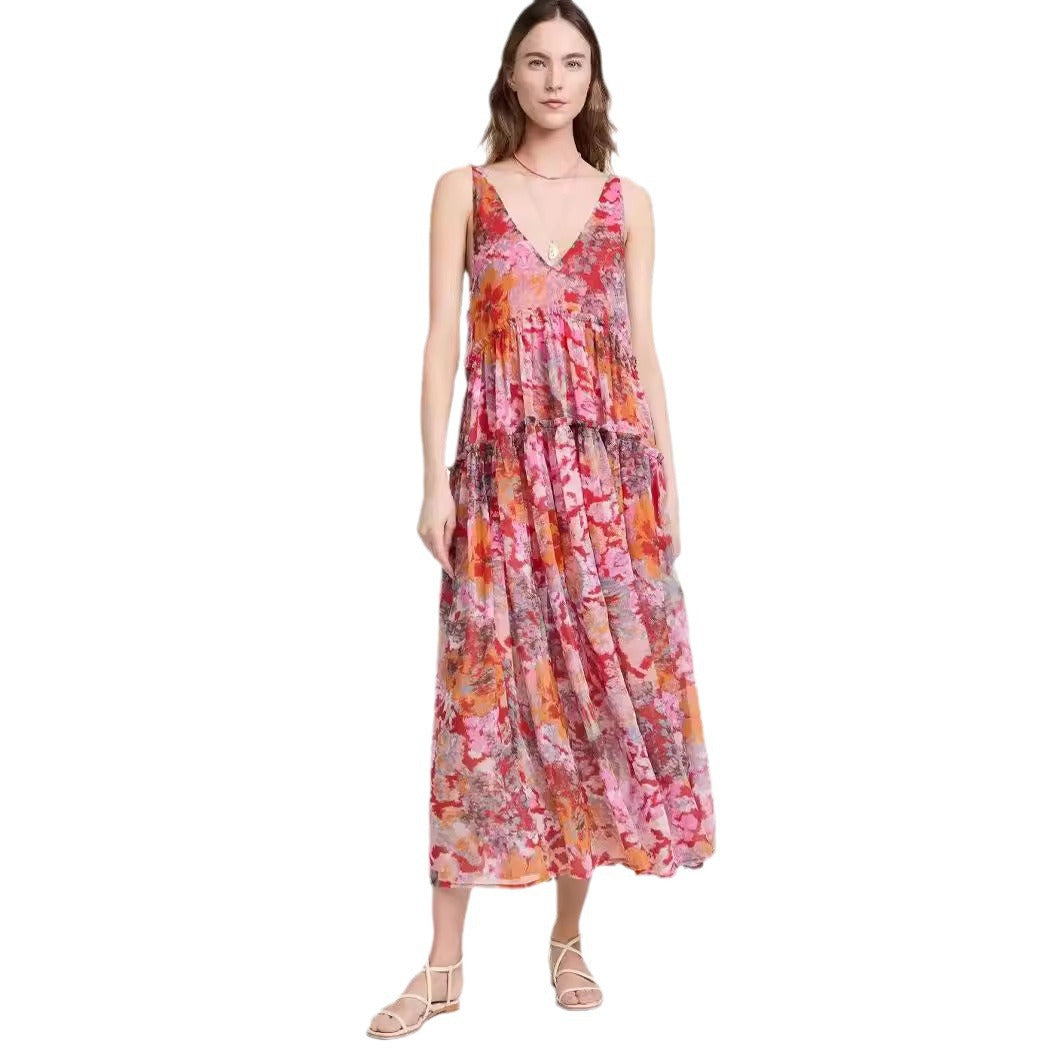 Elegant Chiffon Printed Strapless Dress INS Casual Loose Vacation Dress