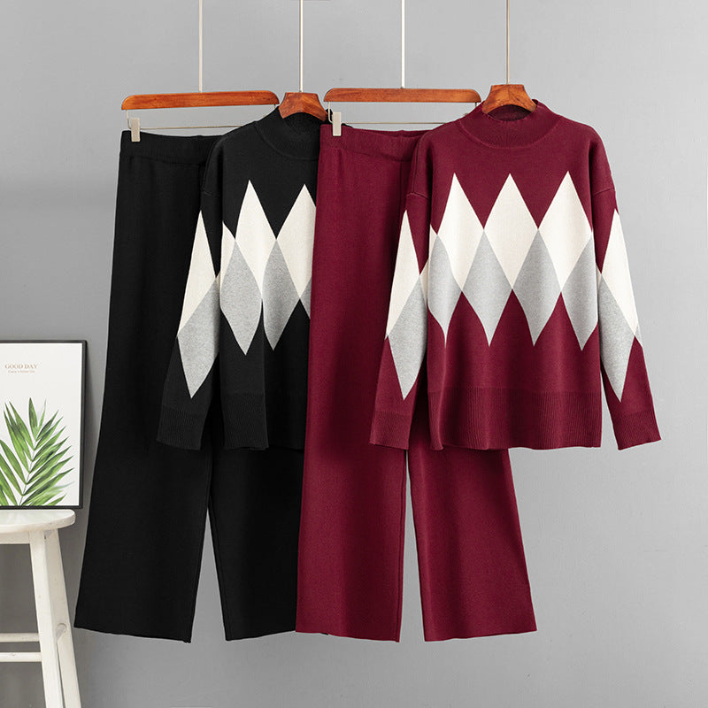 Loose round neck sweater wide leg pants two-piece set for women