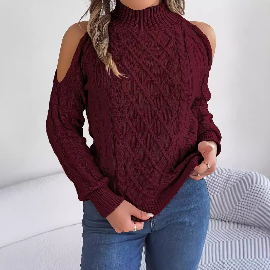 Women's autumn and winter casual warm twisted off-shoulder half-high collar long-sleeved pullover sweater