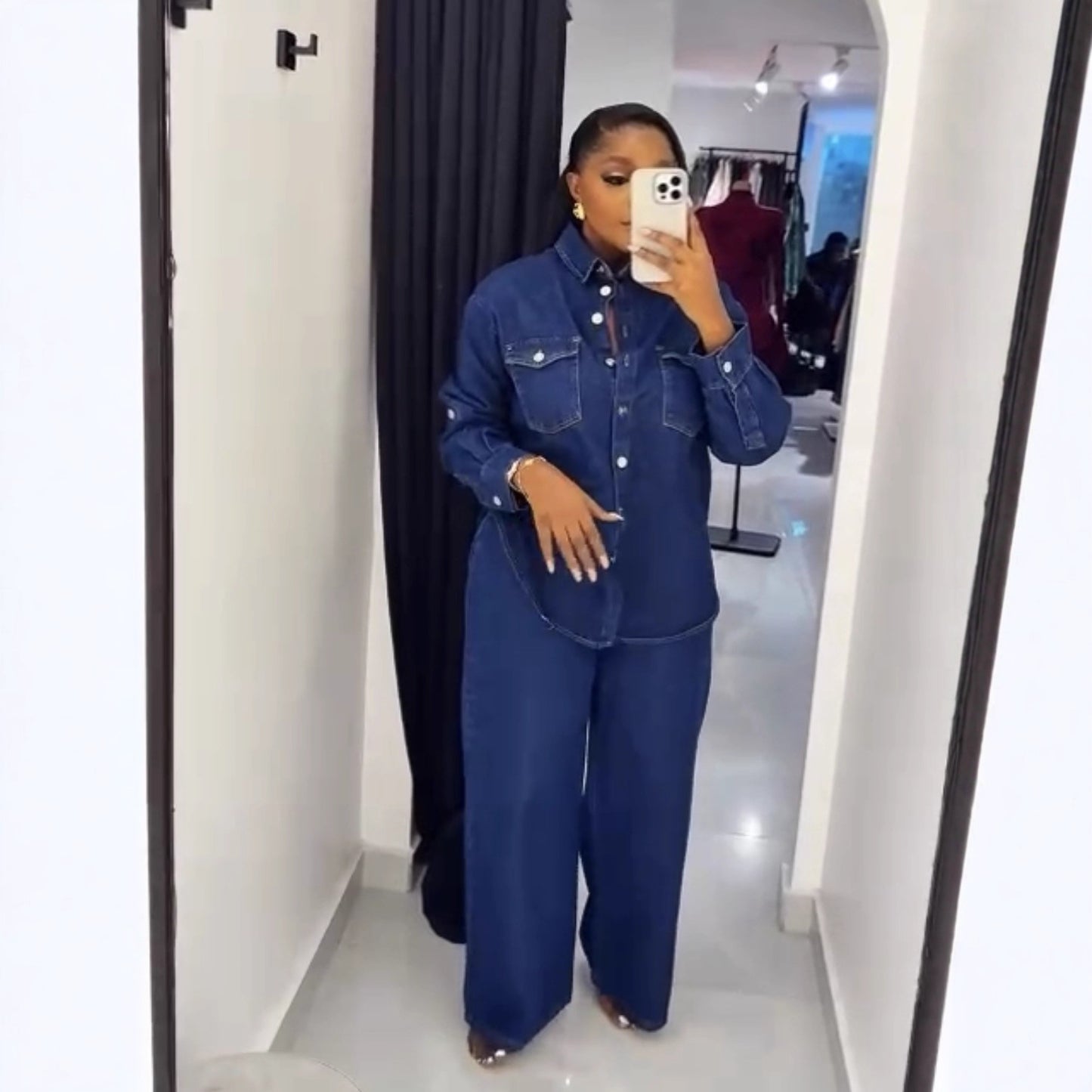 Fashionable Vintage Denim Shirt with Turn-Down Collar Long Sleeve Top and Straight Leg Pants Set for Women