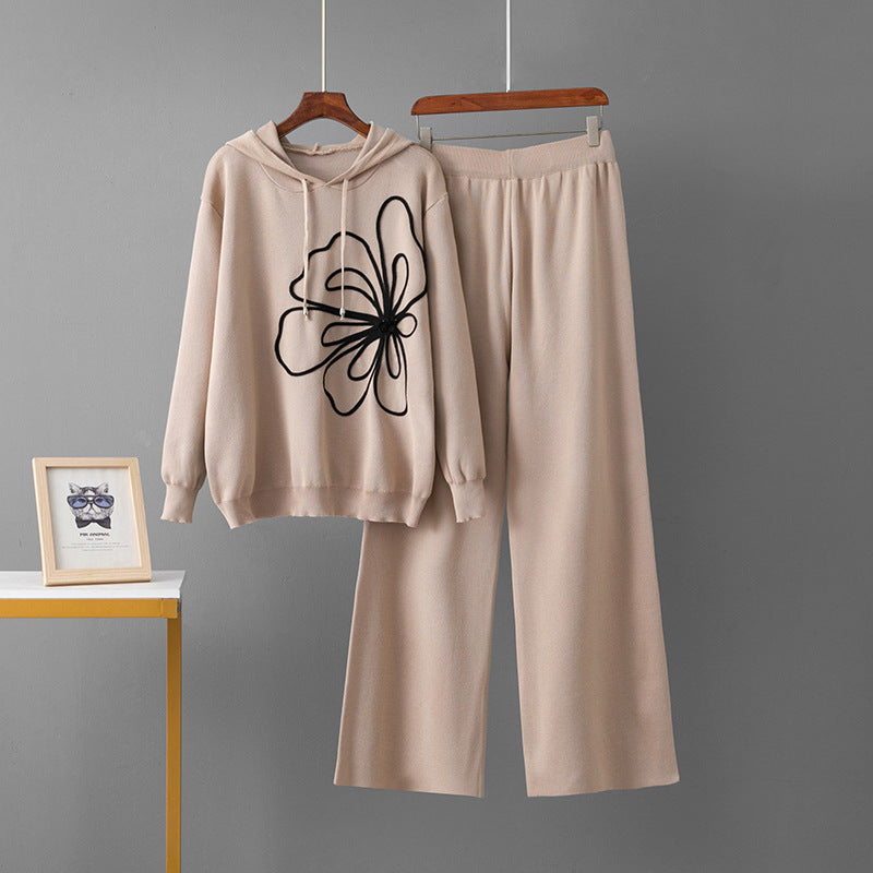 Long sleeved flower sweater wide leg pants two-piece set