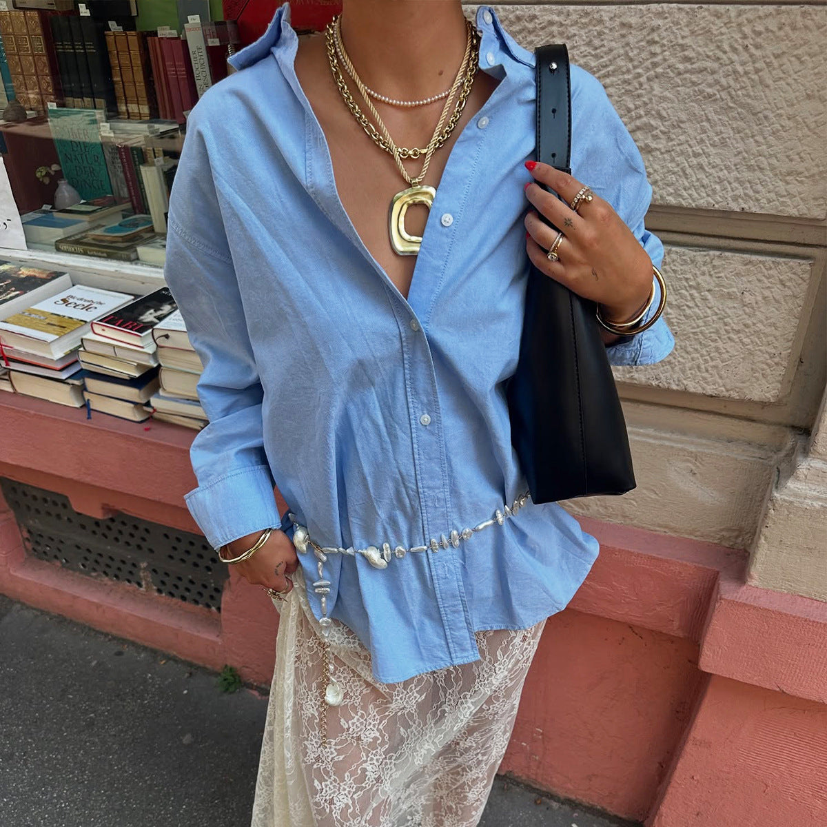 Solid color loose long sleeved shirt for women