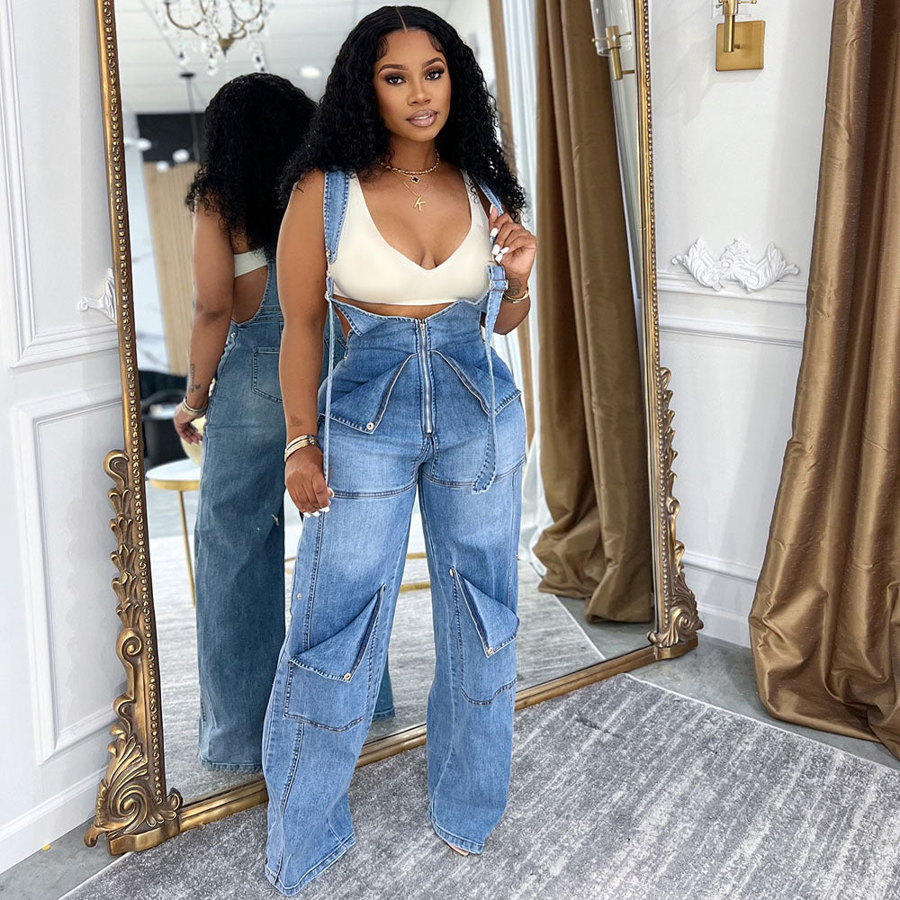 Women's Western Style Denim Overalls Summer Street Casual Zipper Washed Full-Length Jumpsuit