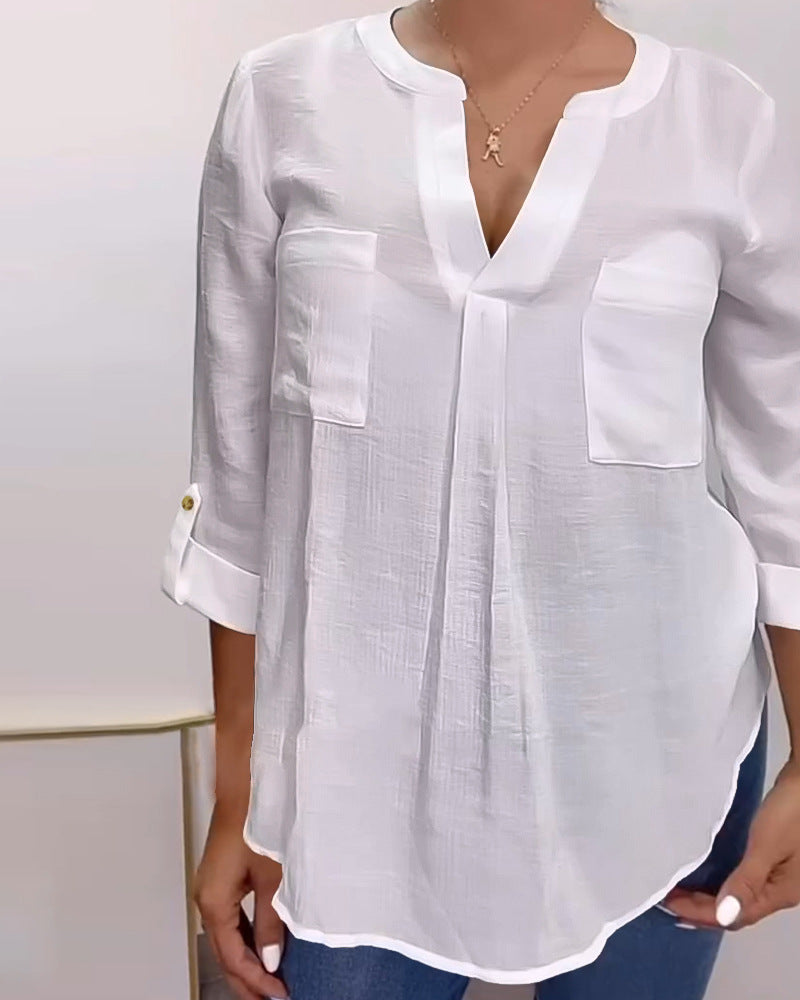 Women's White V-neck Back Buttoned Long-sleeved Blouse