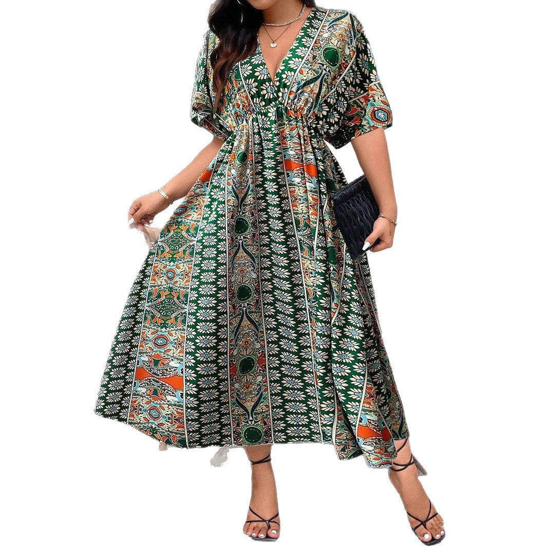 Bohemian Print Dress for Women, Casual Long Sleeve Maxi DressPlus Size Fashion Style
