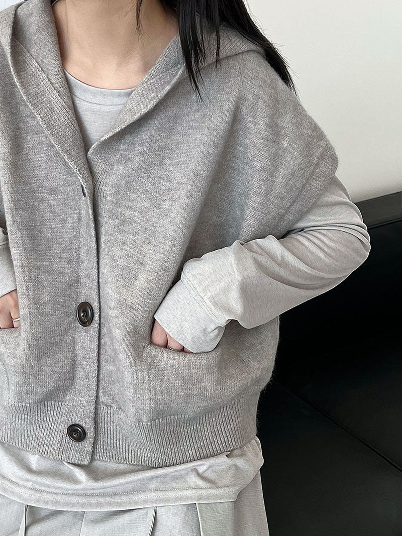 Loose Oversized Hooded Sleeveless Knit Cardigan for Women, Autumn New Layering Short Vest
