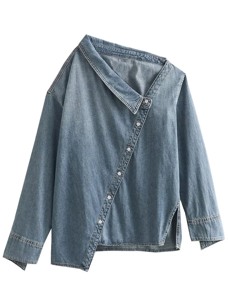Solid Casual Denim Blouses For Women Diagonal Collar Long Sleeve Patchwork Single Breasted Irregular Shirts Female Fashion